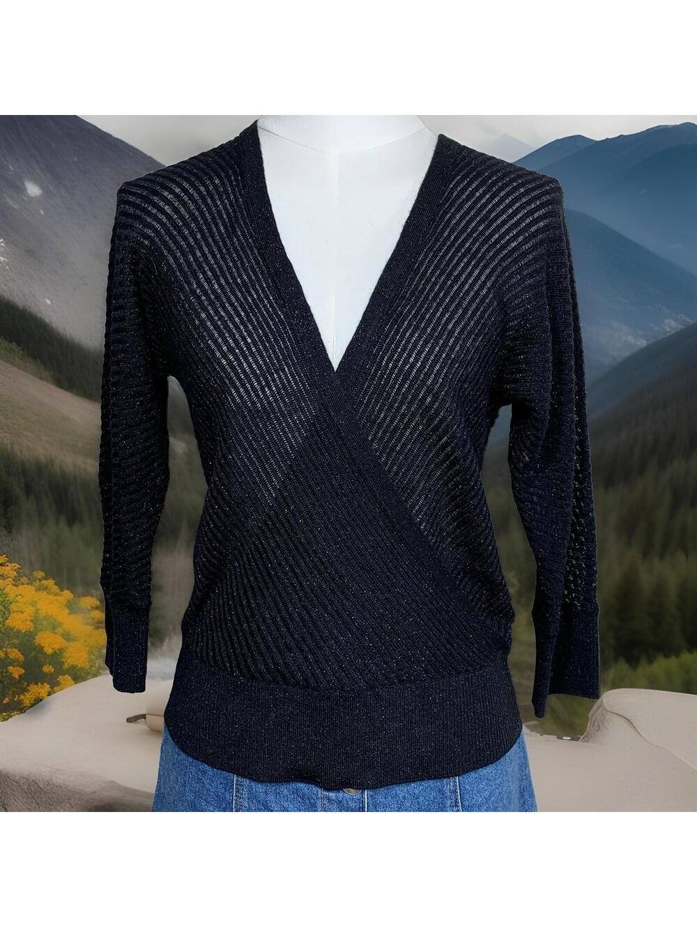 Old Navy Sweater Womens S Black Metallic Surplice Wrap V-Neck Pointelle Knit